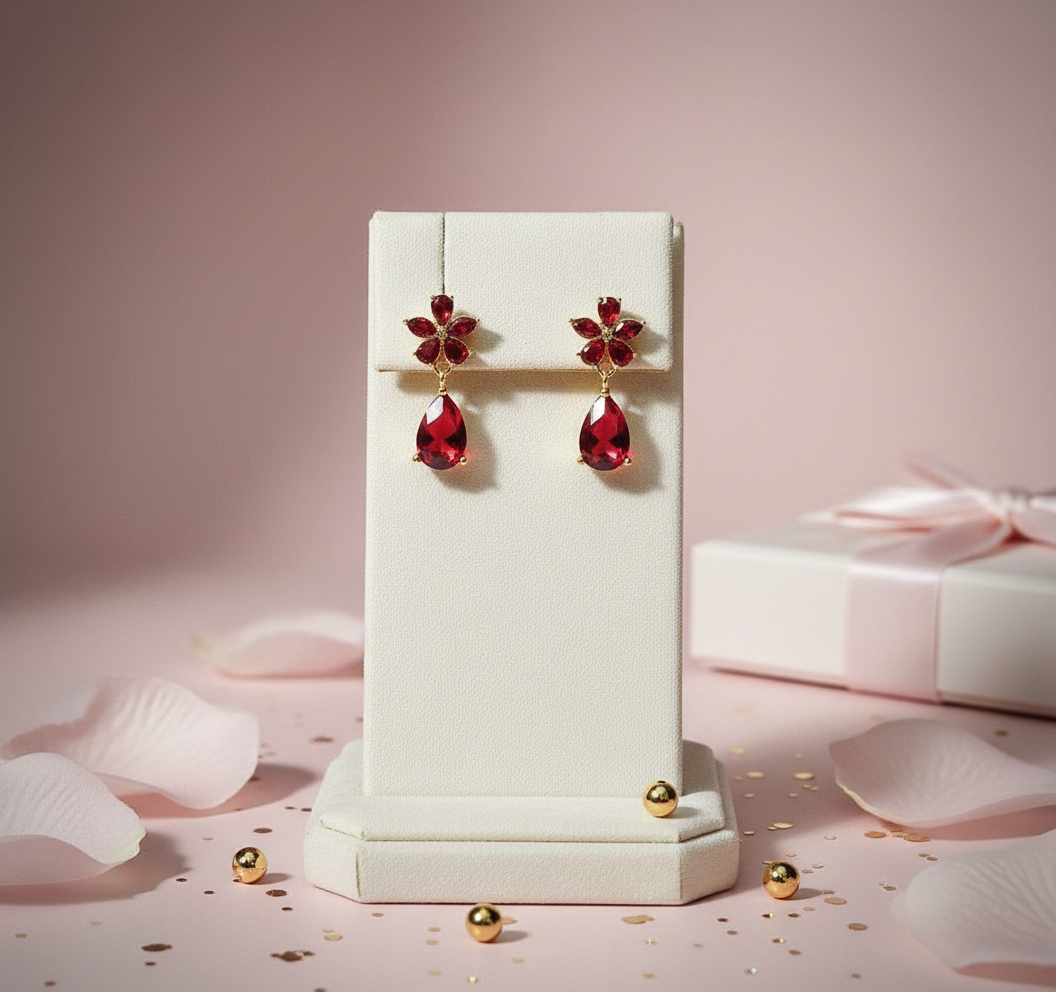 Red teardrop earrings on a white stand with a pink background